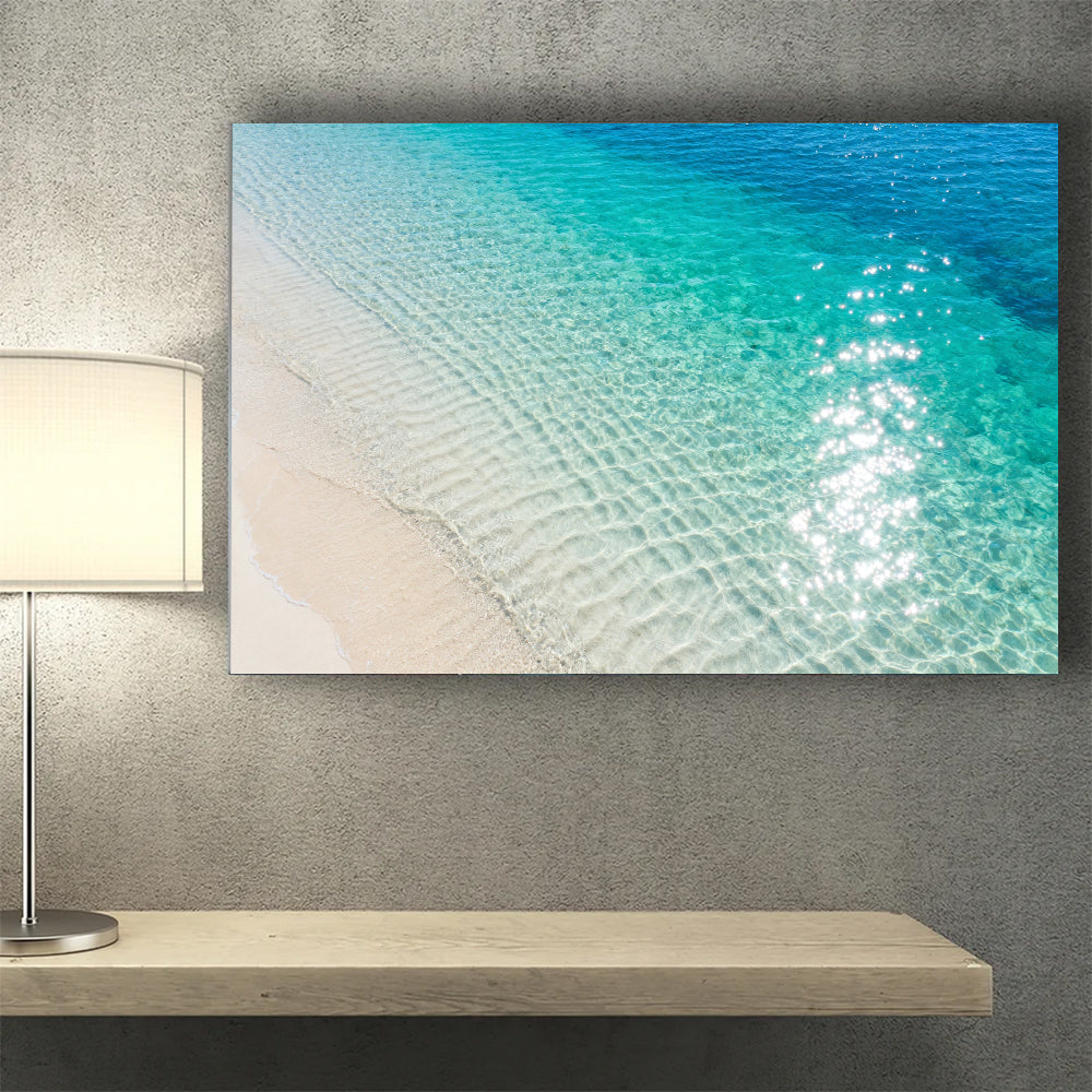 Sunlit Shallow Ripples canvas wall art, wall mockup above a console.