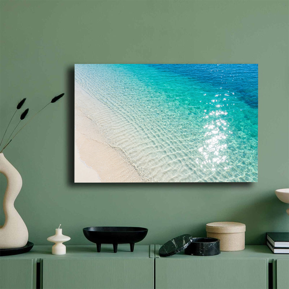 Sunlit Shallow Ripples canvas wall art, mockup on a green wall.
