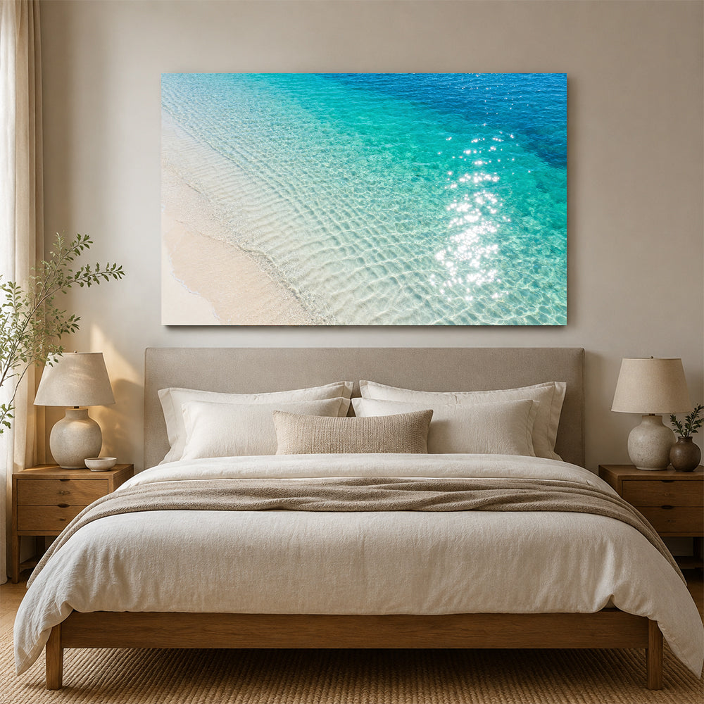 Sunlit Shallow Ripples canvas wall art, bedroom mockup above a bed.