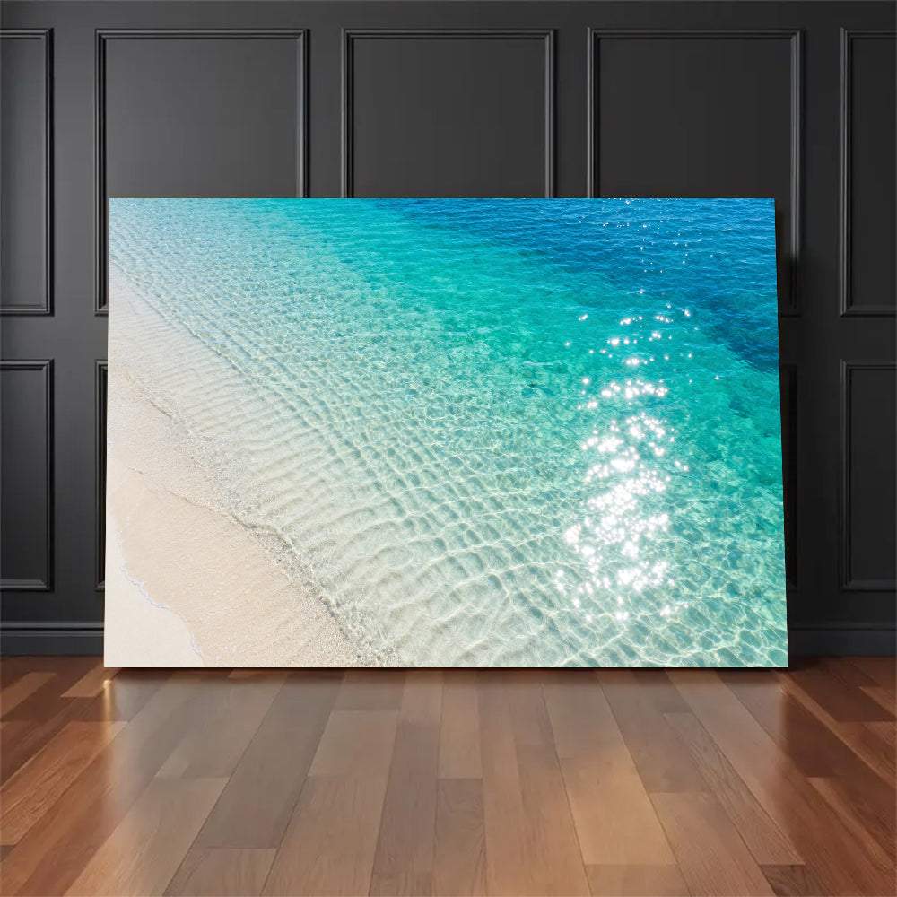 Sunlit Shallow Ripples canvas wall art, floor display against a dark wall.