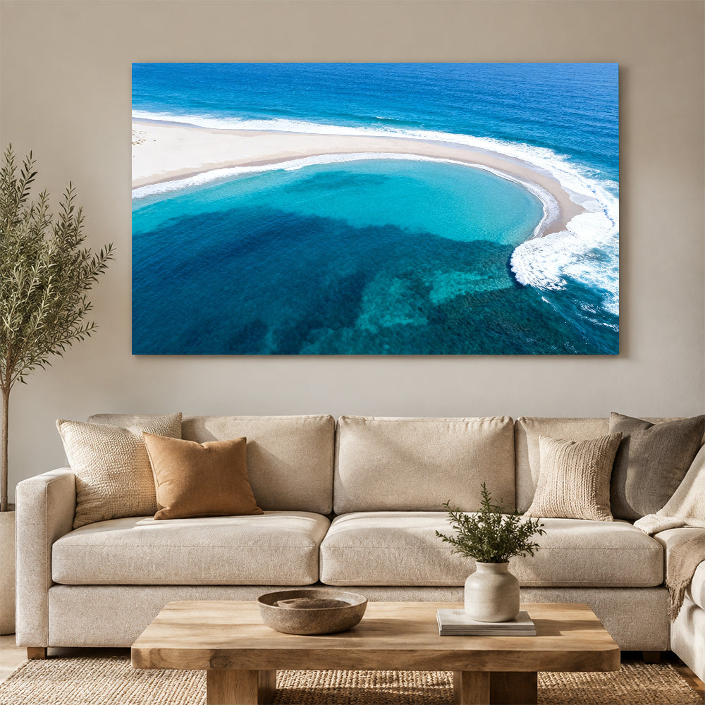 Turquoise Sandbar Arc canvas wall art, living room mockup above a sofa.