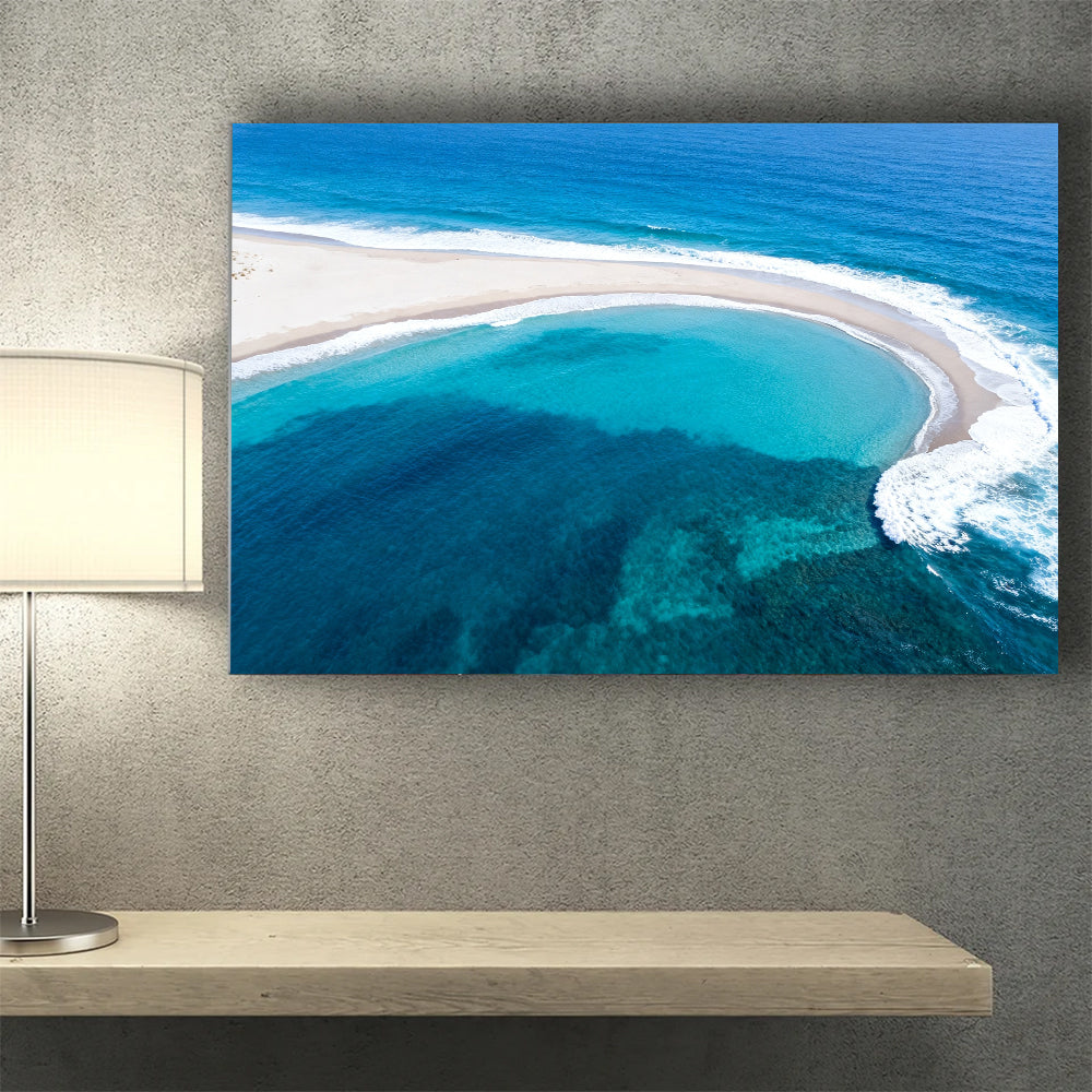 Turquoise Sandbar Arc canvas wall art, wall mockup above a console.