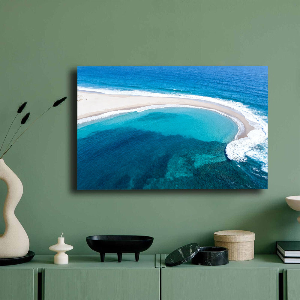 Turquoise Sandbar Arc canvas wall art, mockup on a green wall.