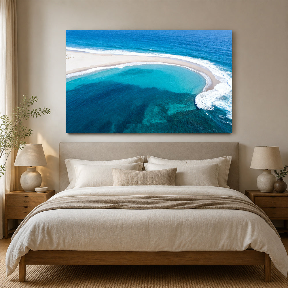 Turquoise Sandbar Arc canvas wall art, bedroom mockup above a bed.