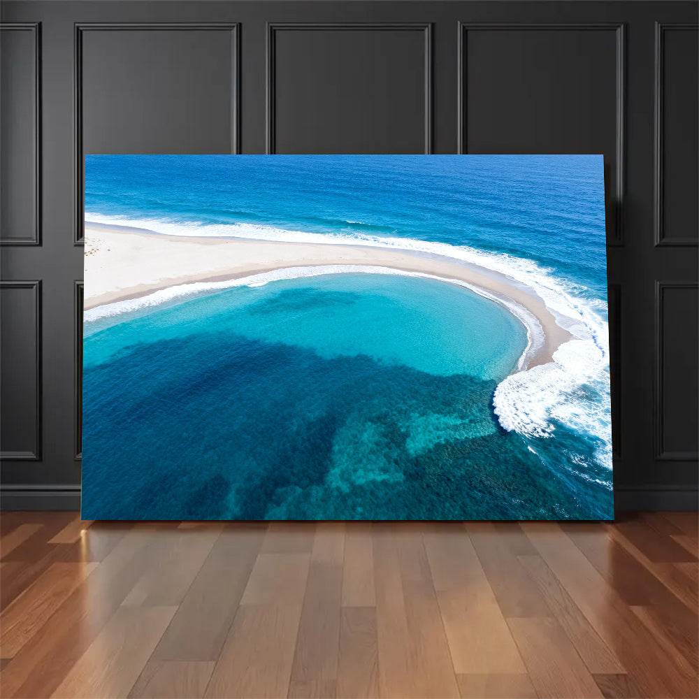 Turquoise Sandbar Arc canvas wall art, floor display against a dark wall.