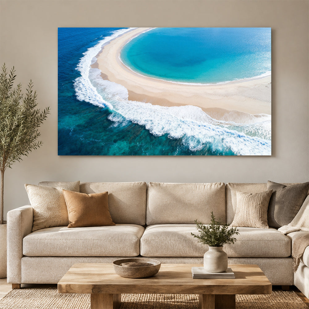 Crescent Cove Surf canvas wall art, living room mockup above a sofa.