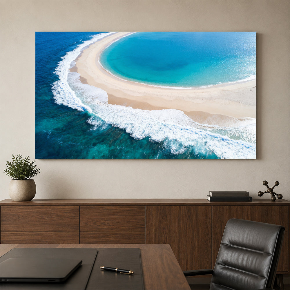 Crescent Cove Surf canvas wall art, office mockup above a desk.