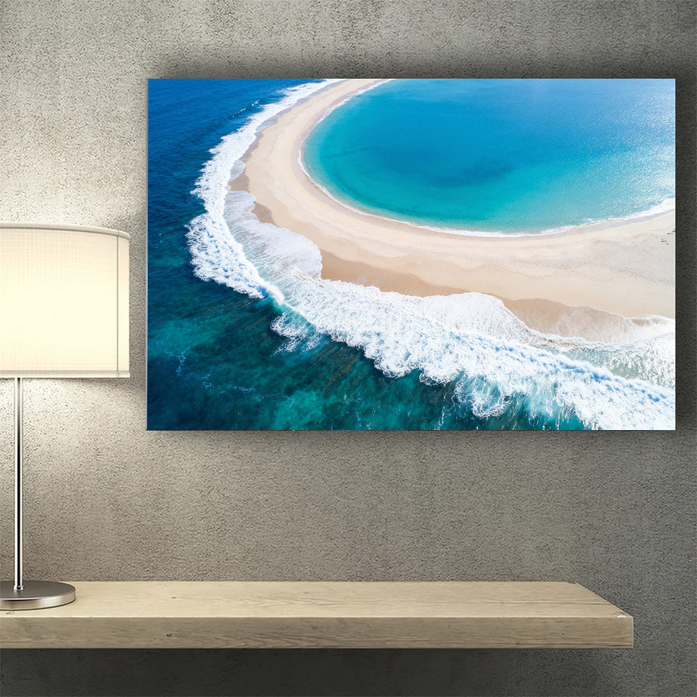 Crescent Cove Surf canvas wall art, wall mockup above a console.