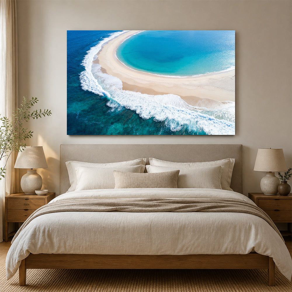 Crescent Cove Surf canvas wall art, bedroom mockup above a bed.