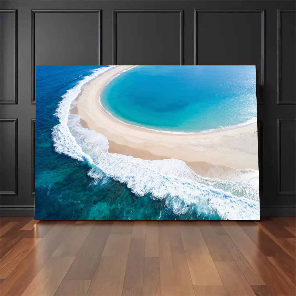 Crescent Cove Surf canvas wall art, floor display against a dark wall.