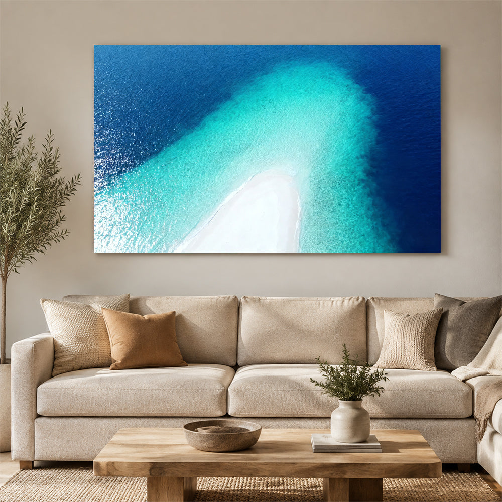 Sapphire Sandbar Point canvas wall art, living room mockup above a sofa.