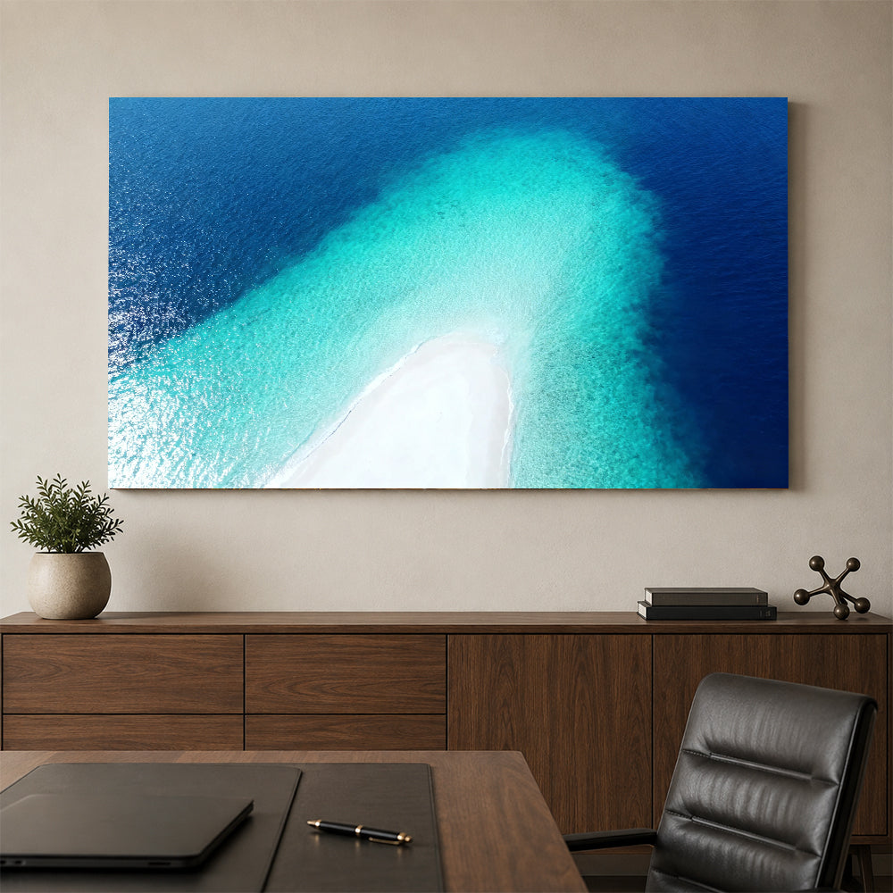 Sapphire Sandbar Point canvas wall art, office mockup above a desk.