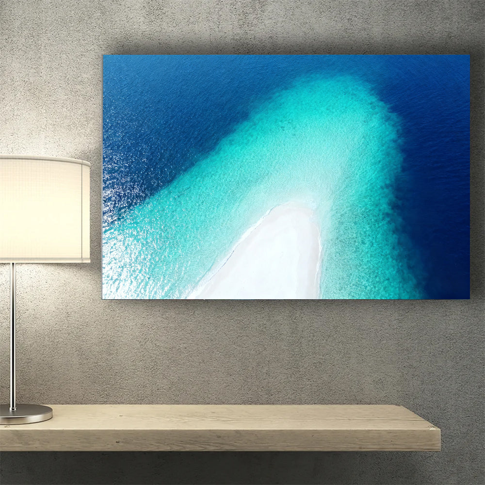 Sapphire Sandbar Point canvas wall art, wall mockup above a console.
