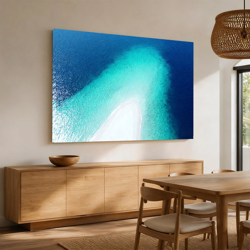 Sapphire Sandbar Point canvas wall art, angled mockup above a sideboard.