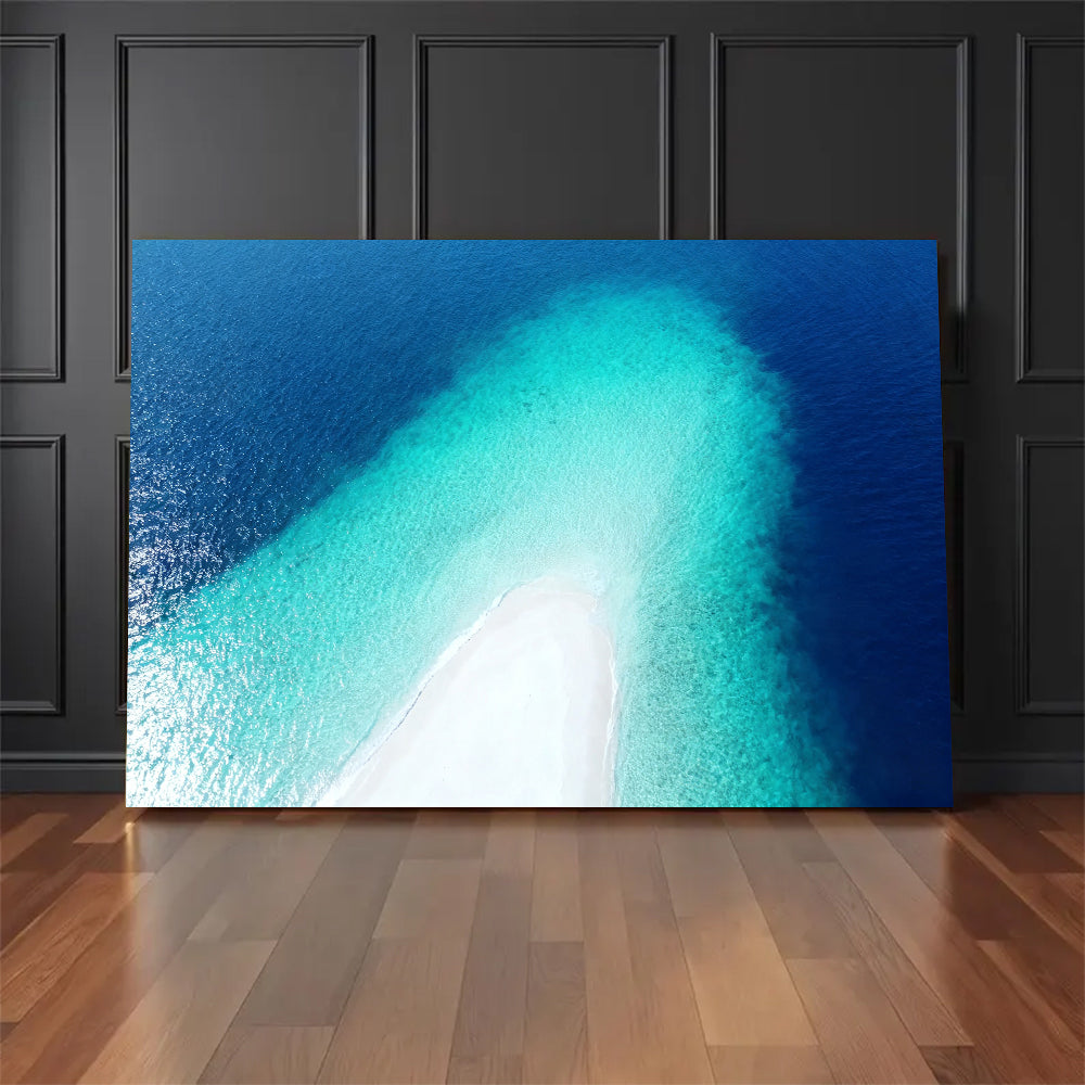 Sapphire Sandbar Point canvas wall art, floor display against a dark wall.
