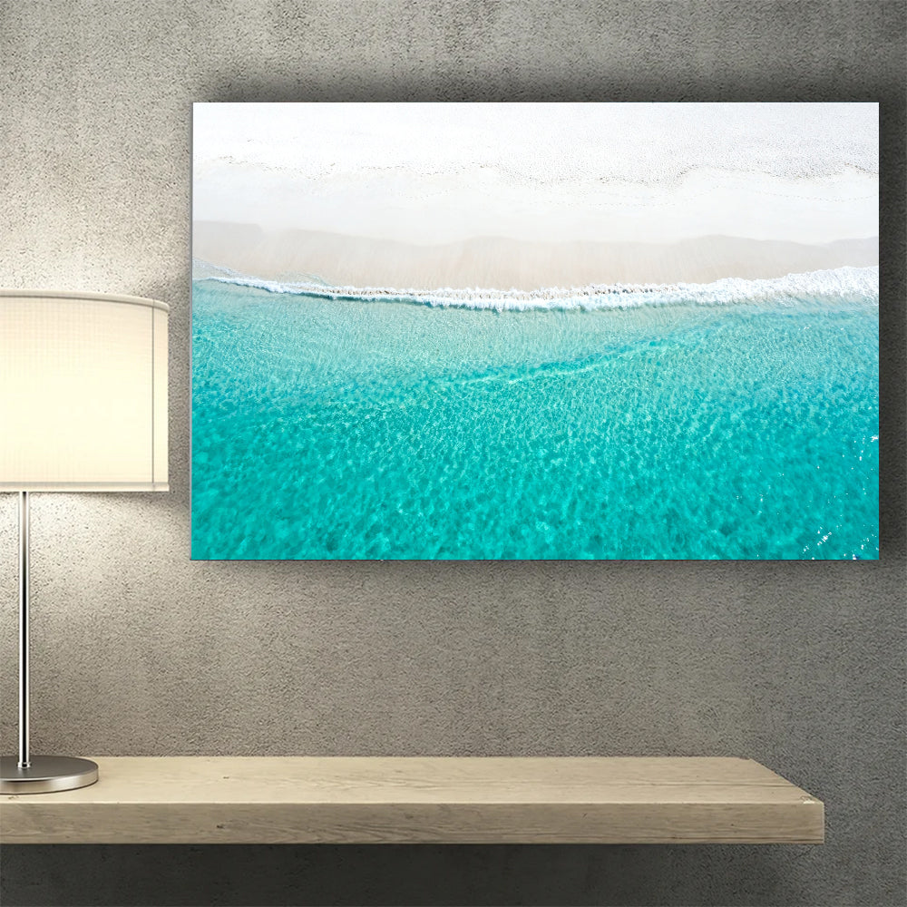 White Sand Waterline canvas wall art, wall mockup above a console.