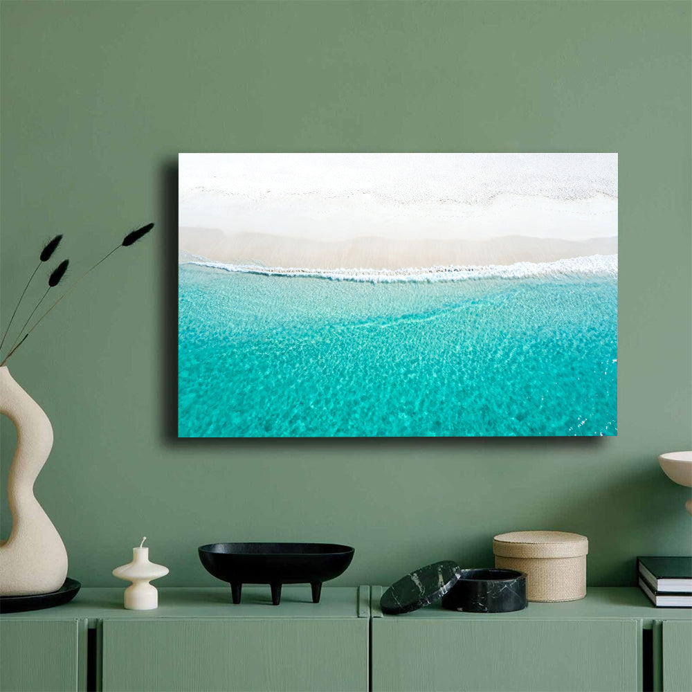White Sand Waterline canvas wall art, mockup on a green wall.