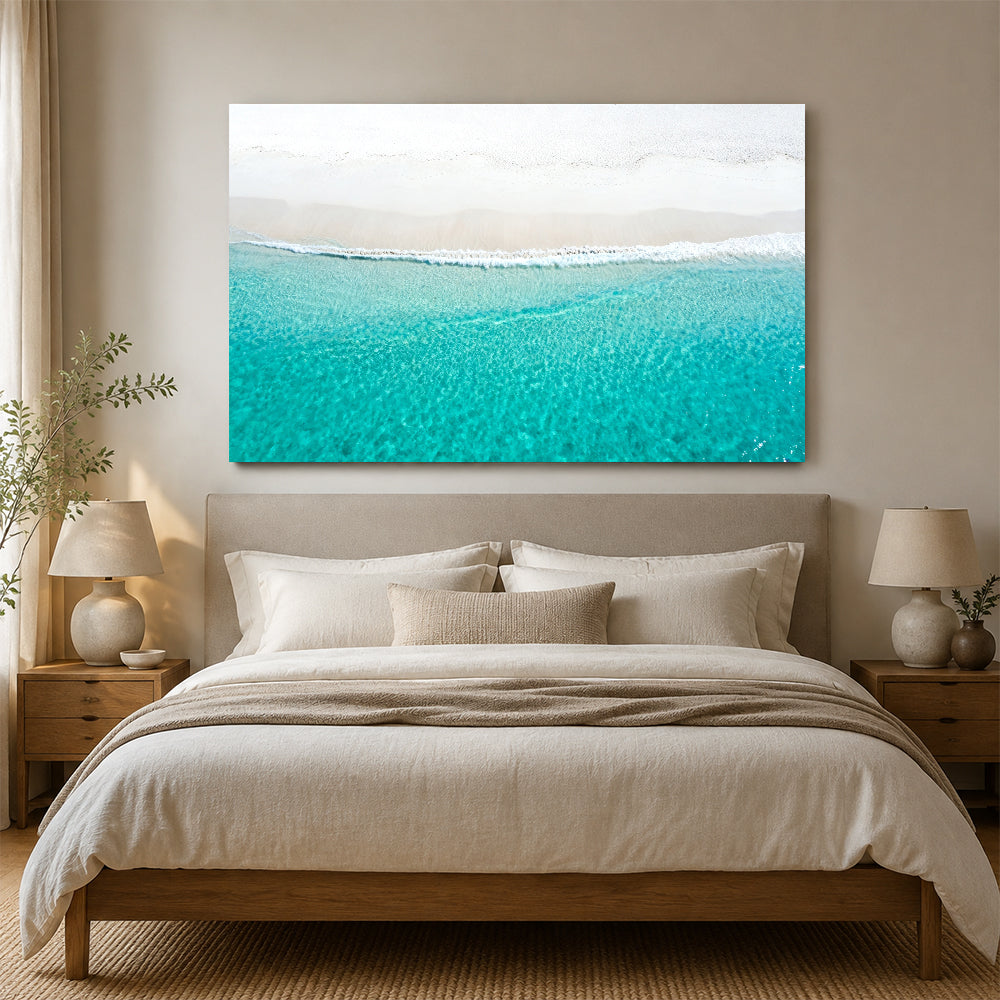 White Sand Waterline canvas wall art, bedroom mockup above a bed.