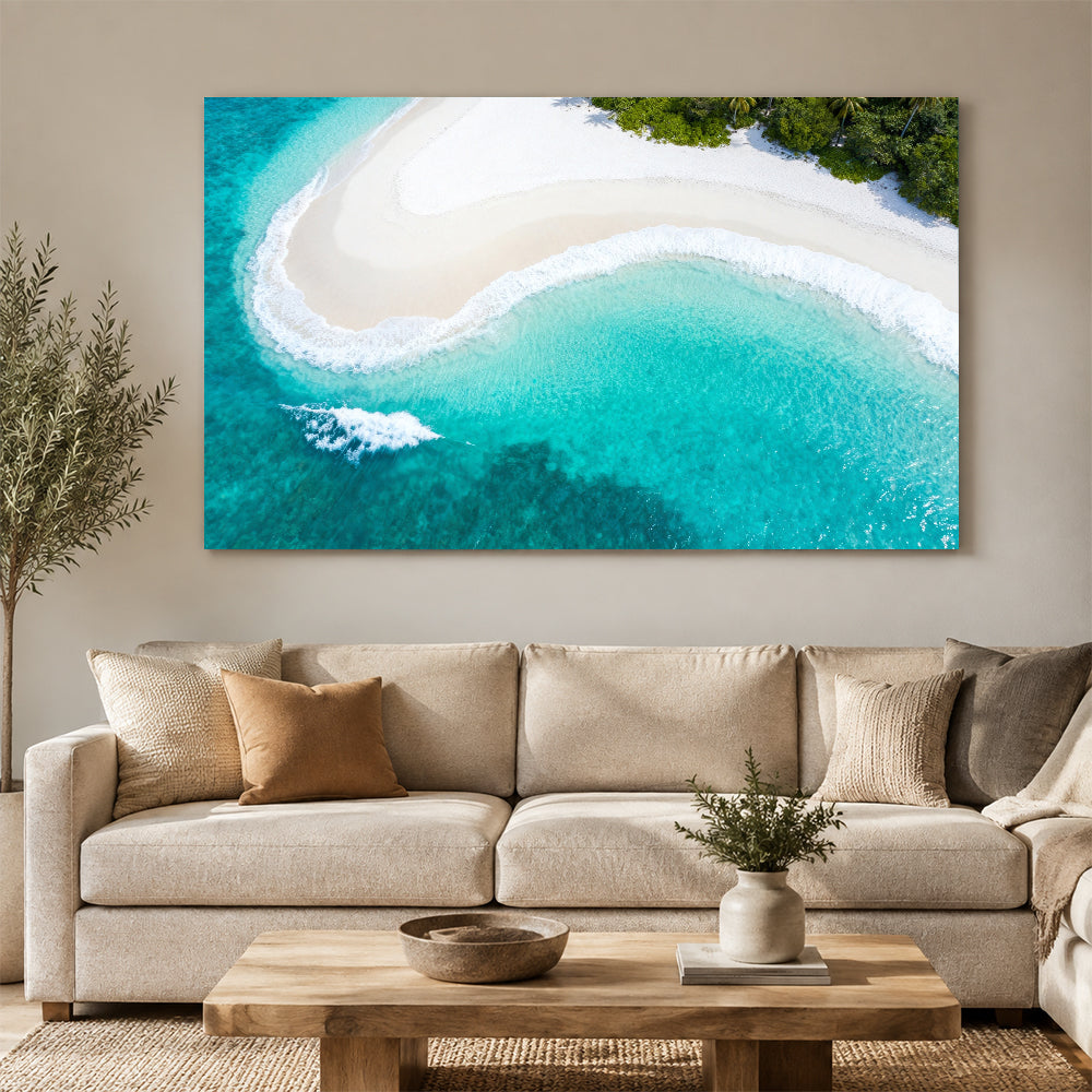 Emerald Beach Curve canvas wall art, living room mockup above a sofa.