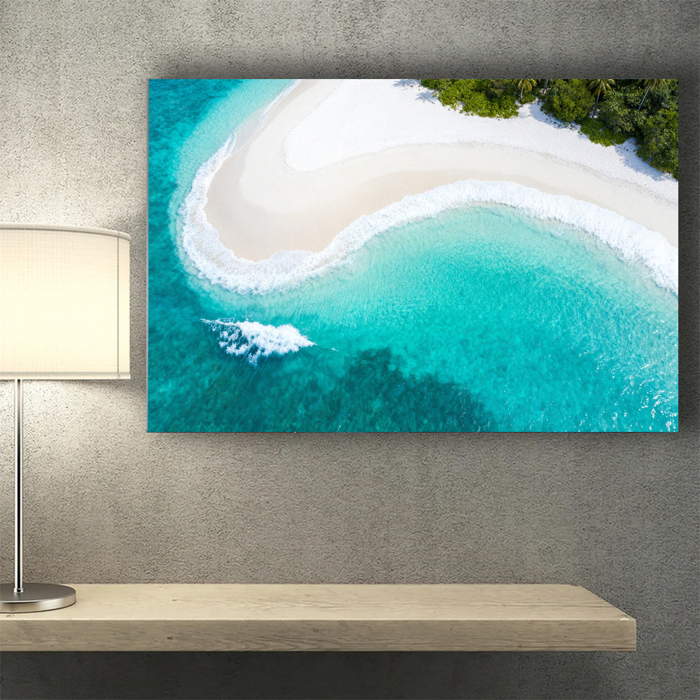 Emerald Beach Curve canvas wall art, wall mockup above a console.