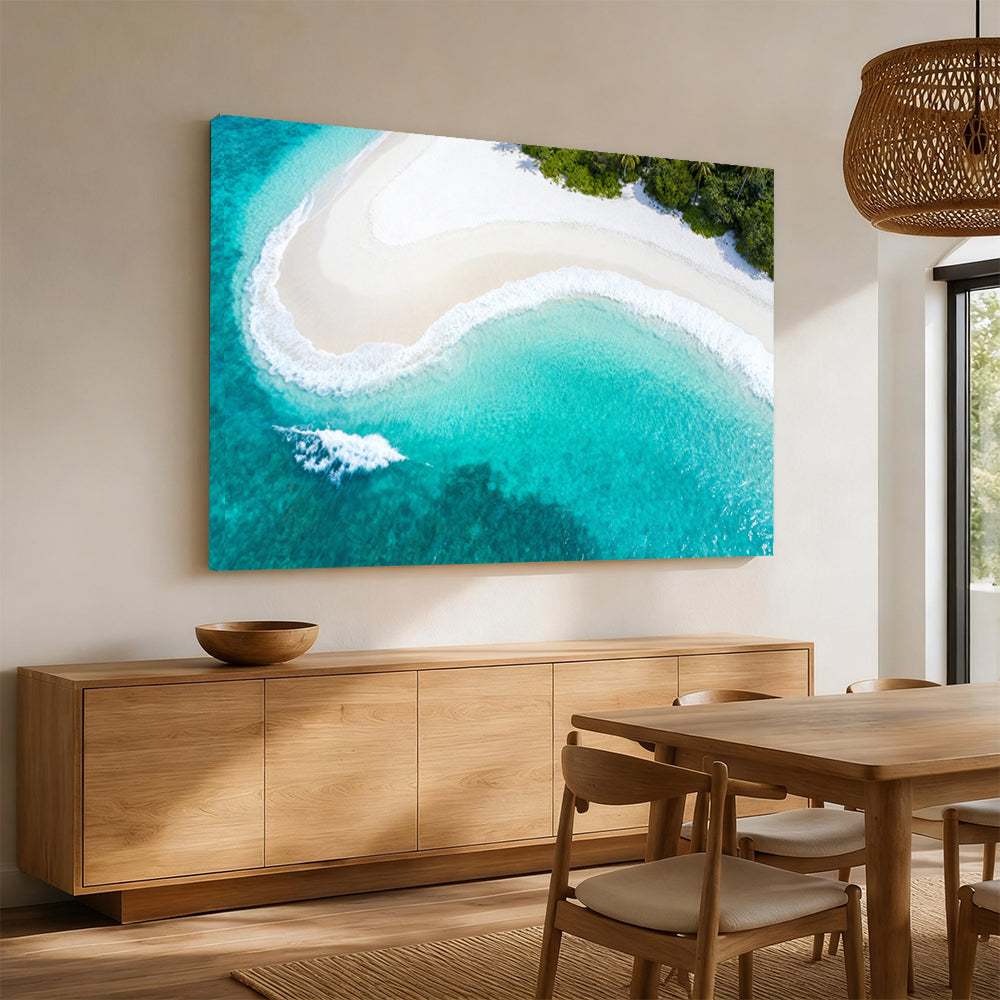 Emerald Beach Curve canvas wall art, angled mockup above a sideboard.