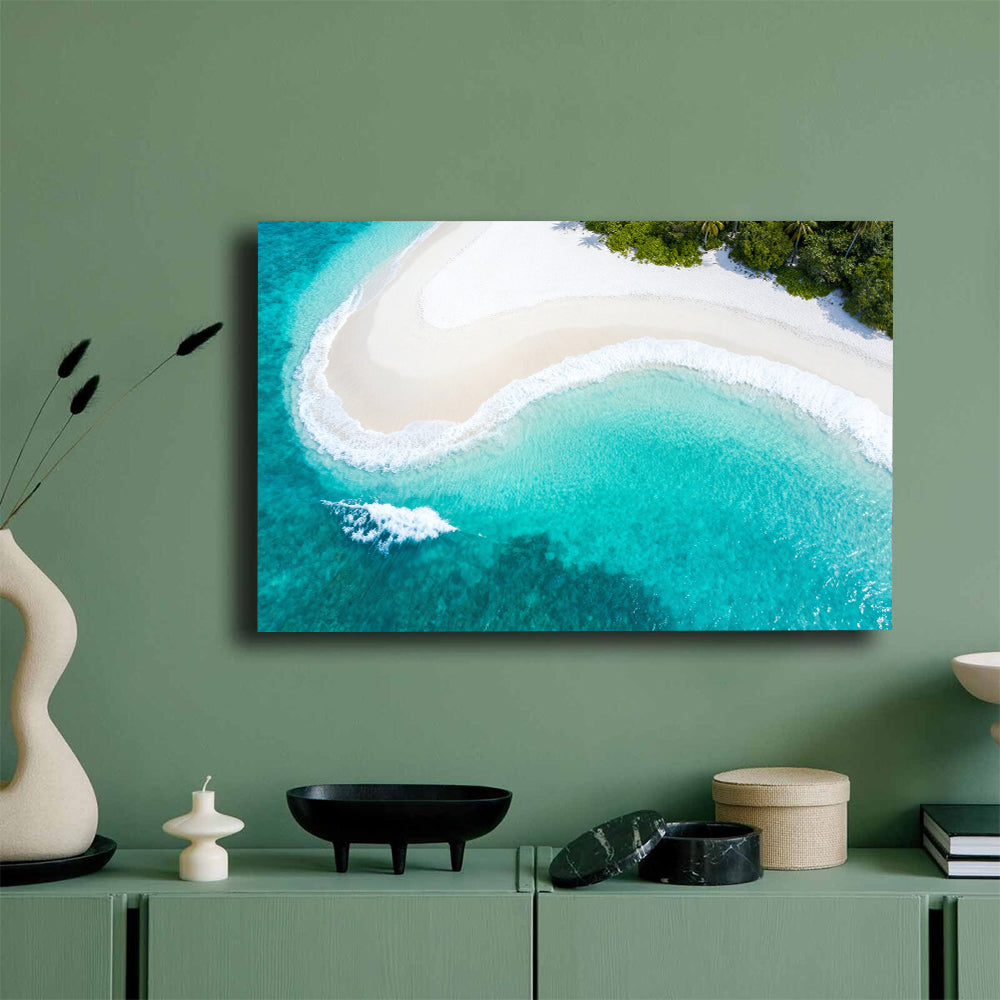 Emerald Beach Curve canvas wall art, mockup on a green wall.