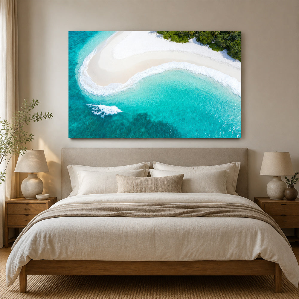 Emerald Beach Curve canvas wall art, bedroom mockup above a bed.