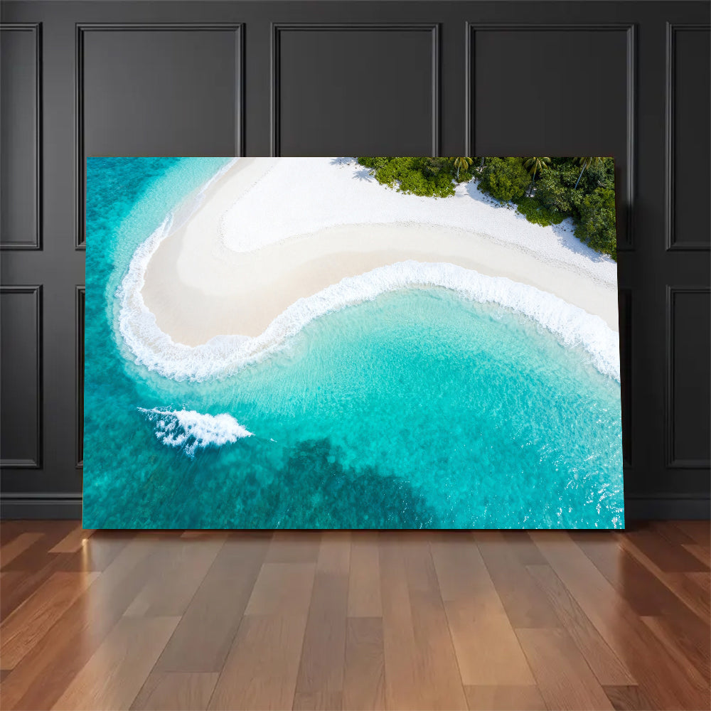Emerald Beach Curve canvas wall art, floor display against a dark wall.