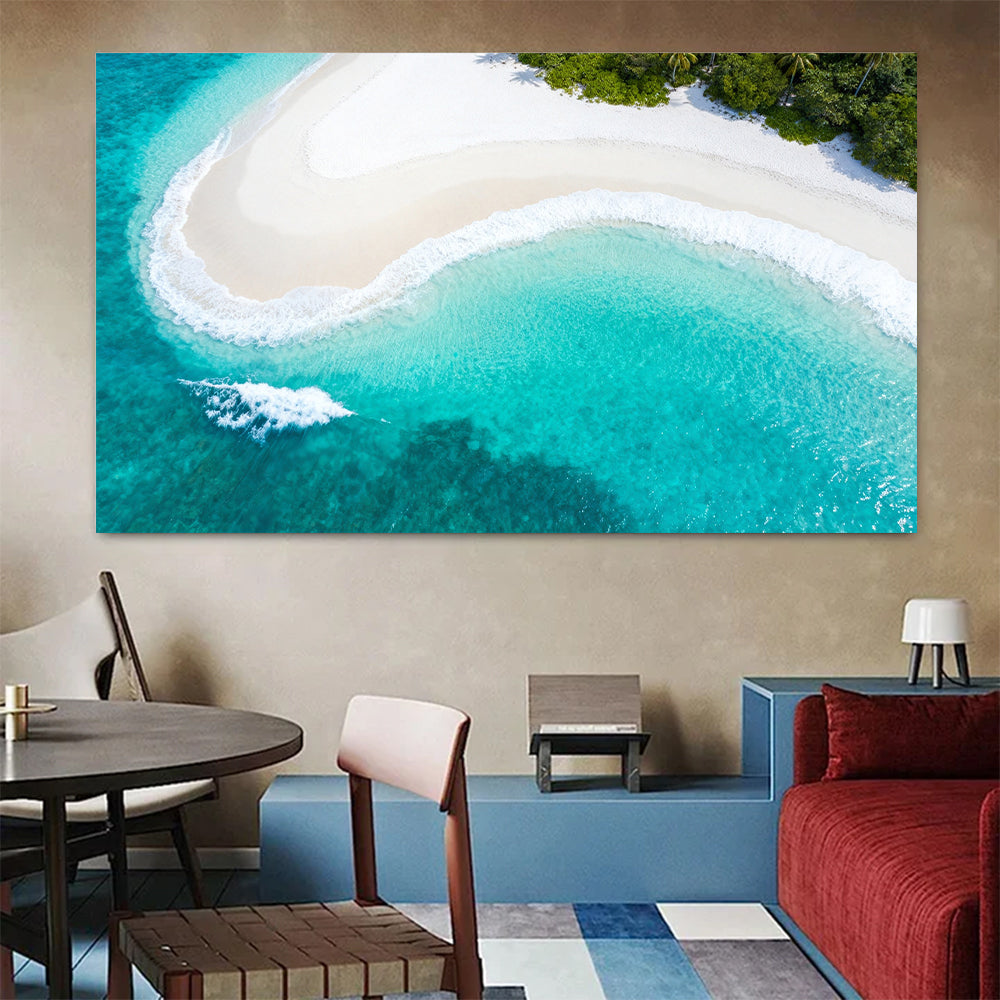 Emerald Beach Curve canvas wall art, colorful room mockup.