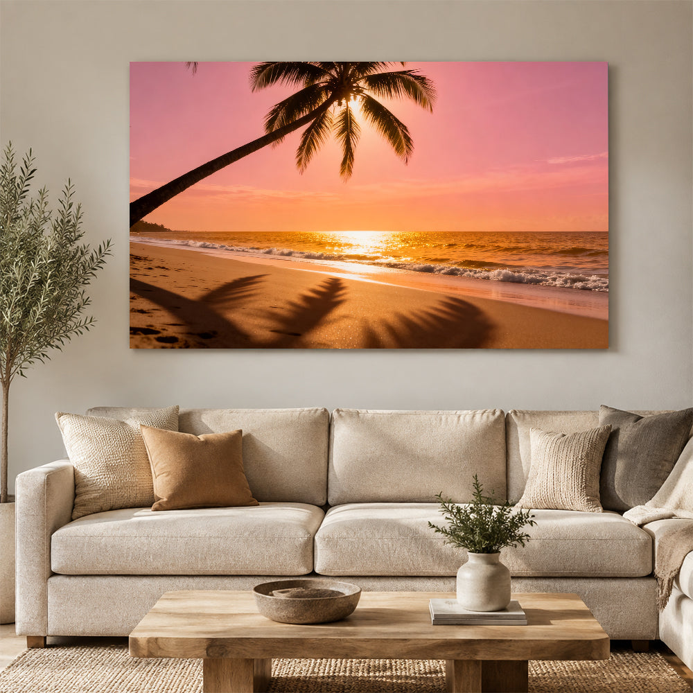 Sunset Palm Shadows canvas wall art, living room mockup above a sofa.
