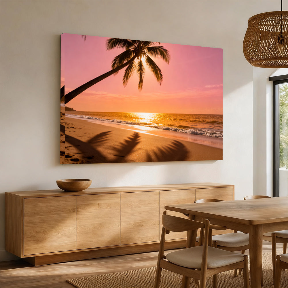 Sunset Palm Shadows canvas wall art, angled mockup above a sideboard.