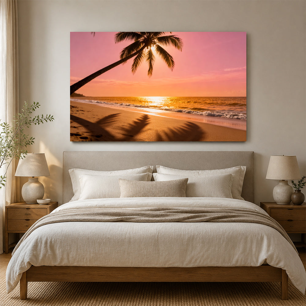 Sunset Palm Shadows canvas wall art, bedroom mockup above a bed.