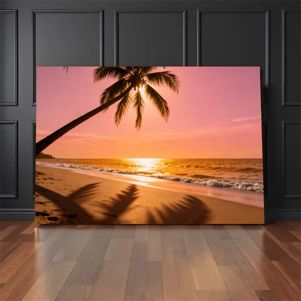 Sunset Palm Shadows canvas wall art, floor display against a dark wall.