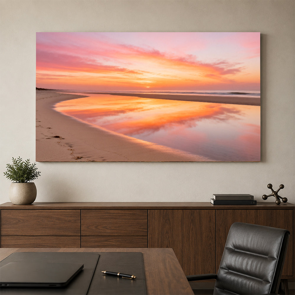 Peach Sky Reflection canvas wall art, office mockup above a desk.