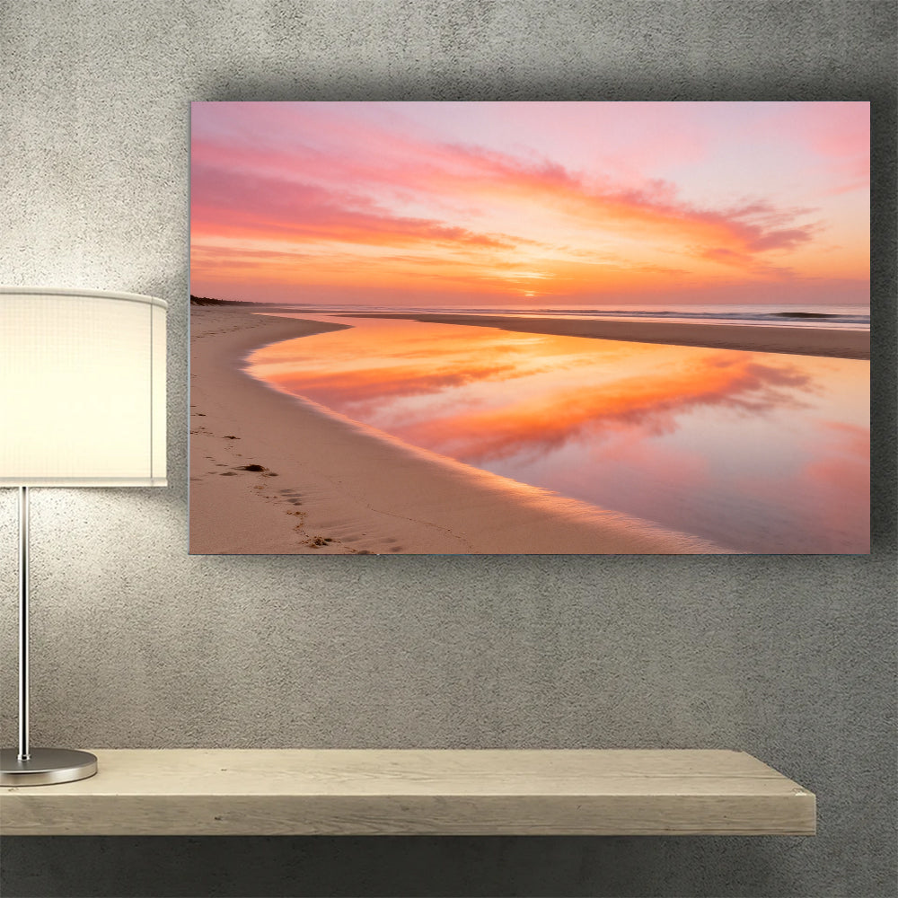 Peach Sky Reflection canvas wall art, wall mockup above a console.