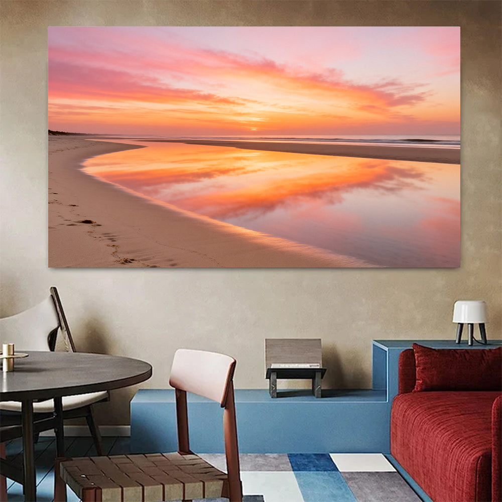 Peach Sky Reflection canvas wall art, colorful room mockup.