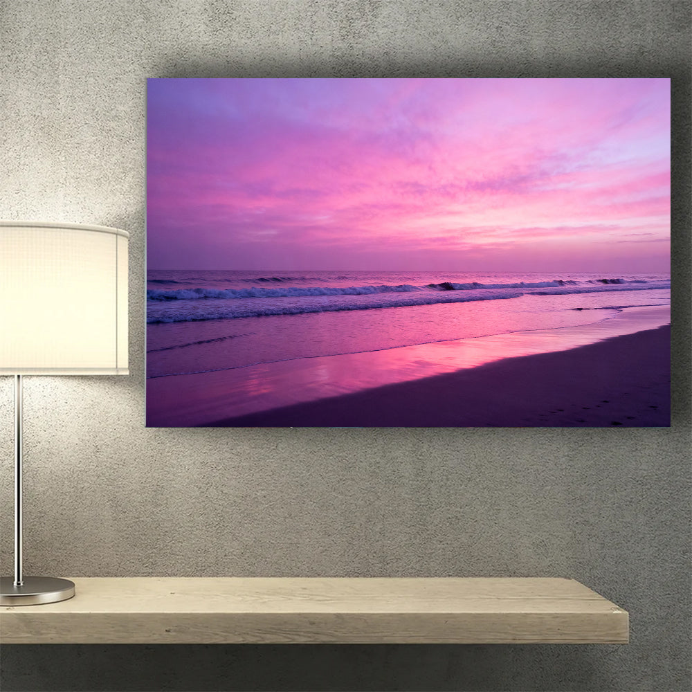 Violet Evening Tide canvas wall art, wall mockup above a console.