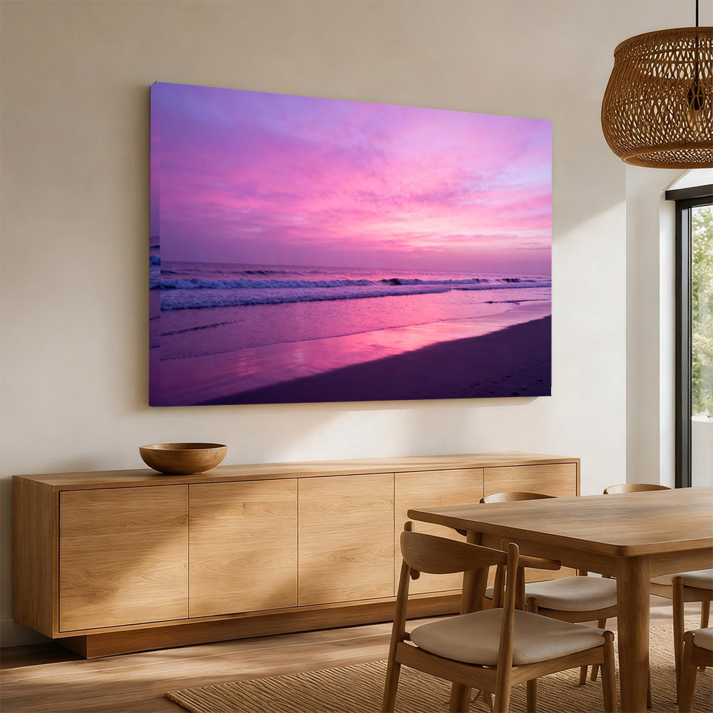 Violet Evening Tide canvas wall art, angled mockup above a sideboard.