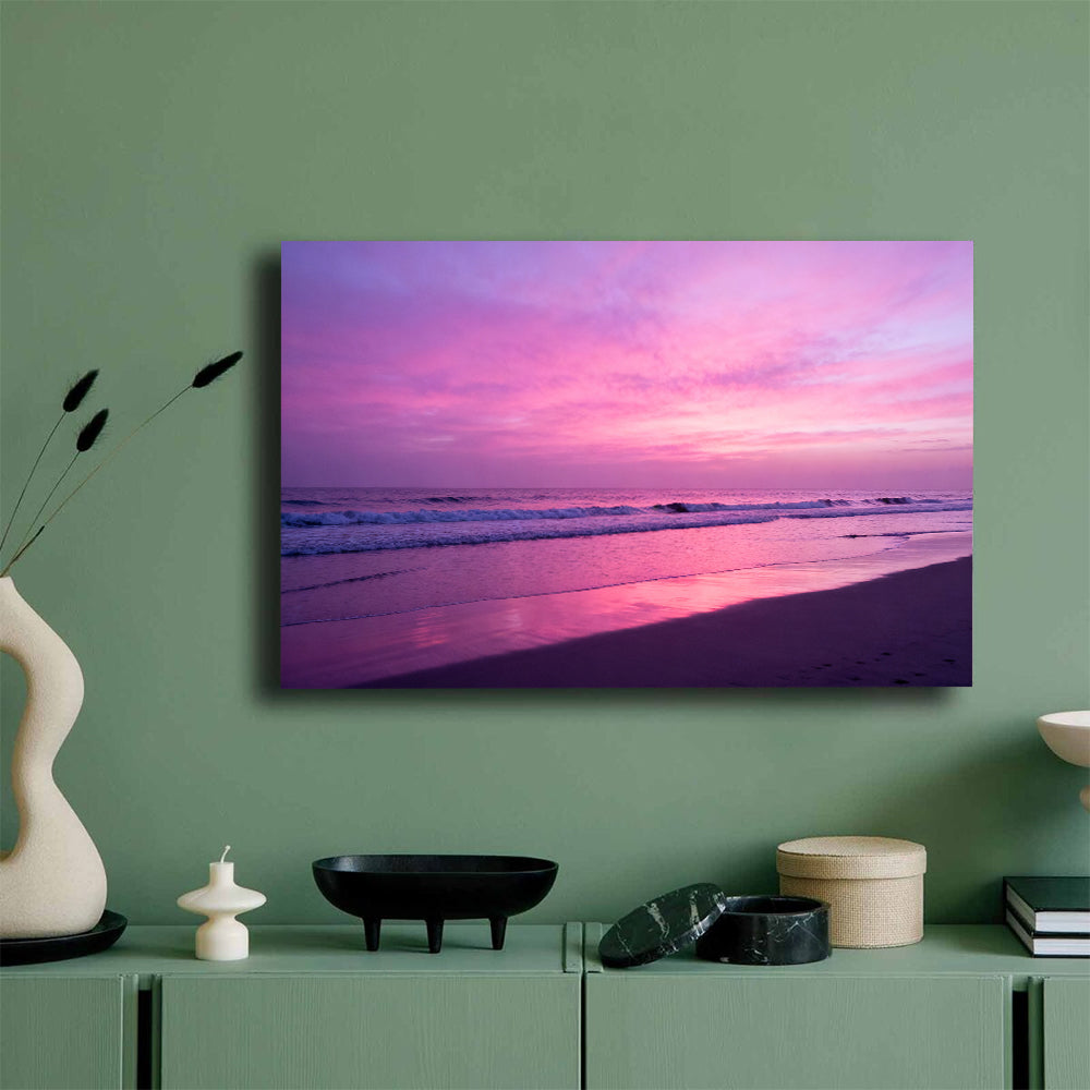 Violet Evening Tide canvas wall art, mockup on a green wall.