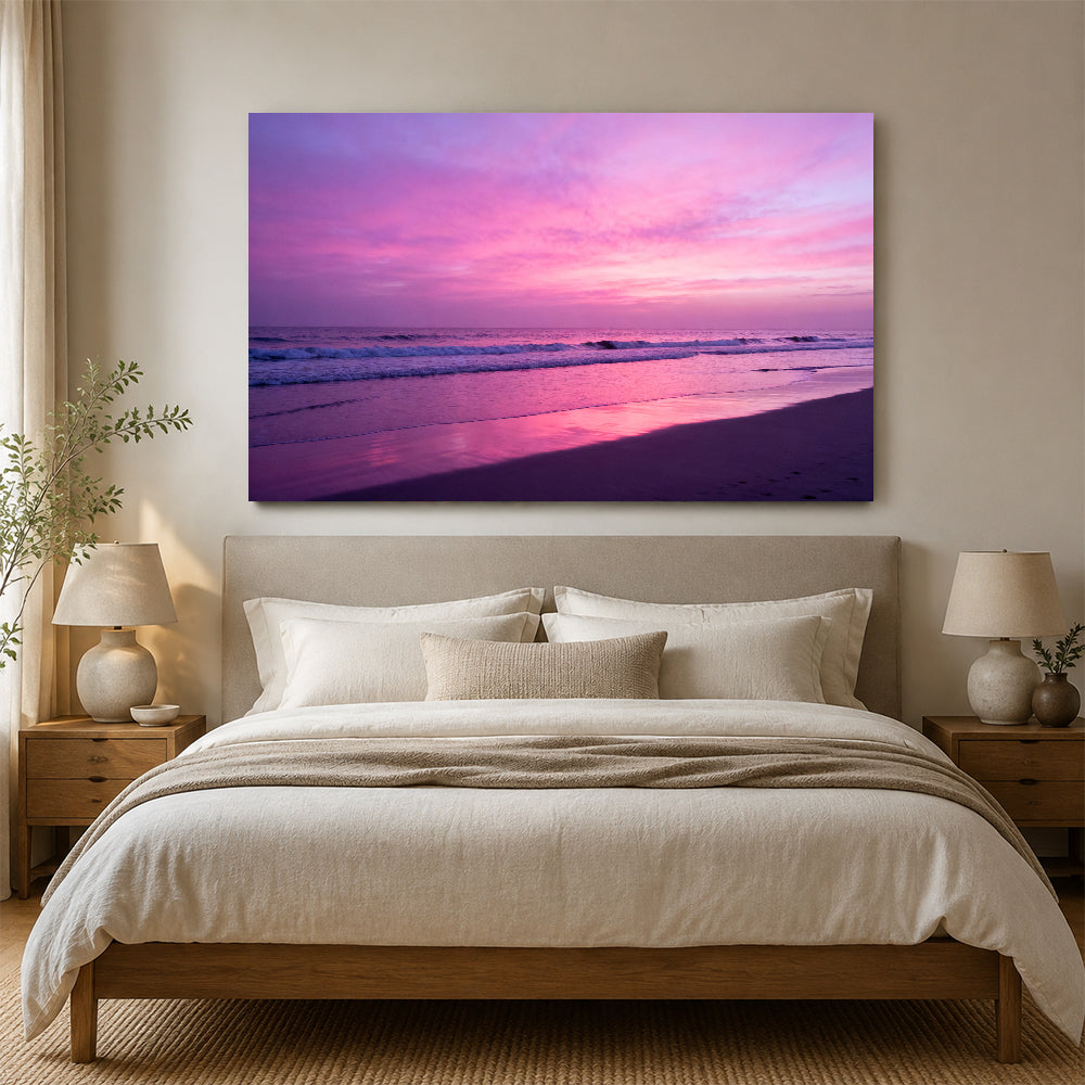 Violet Evening Tide canvas wall art, bedroom mockup above a bed.