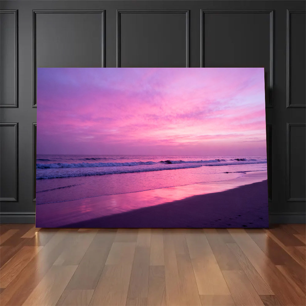 Violet Evening Tide canvas wall art, floor display against a dark wall.