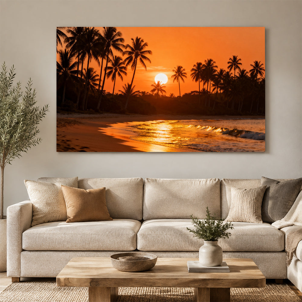 Amber Palm Cove canvas wall art, living room mockup above a sofa.