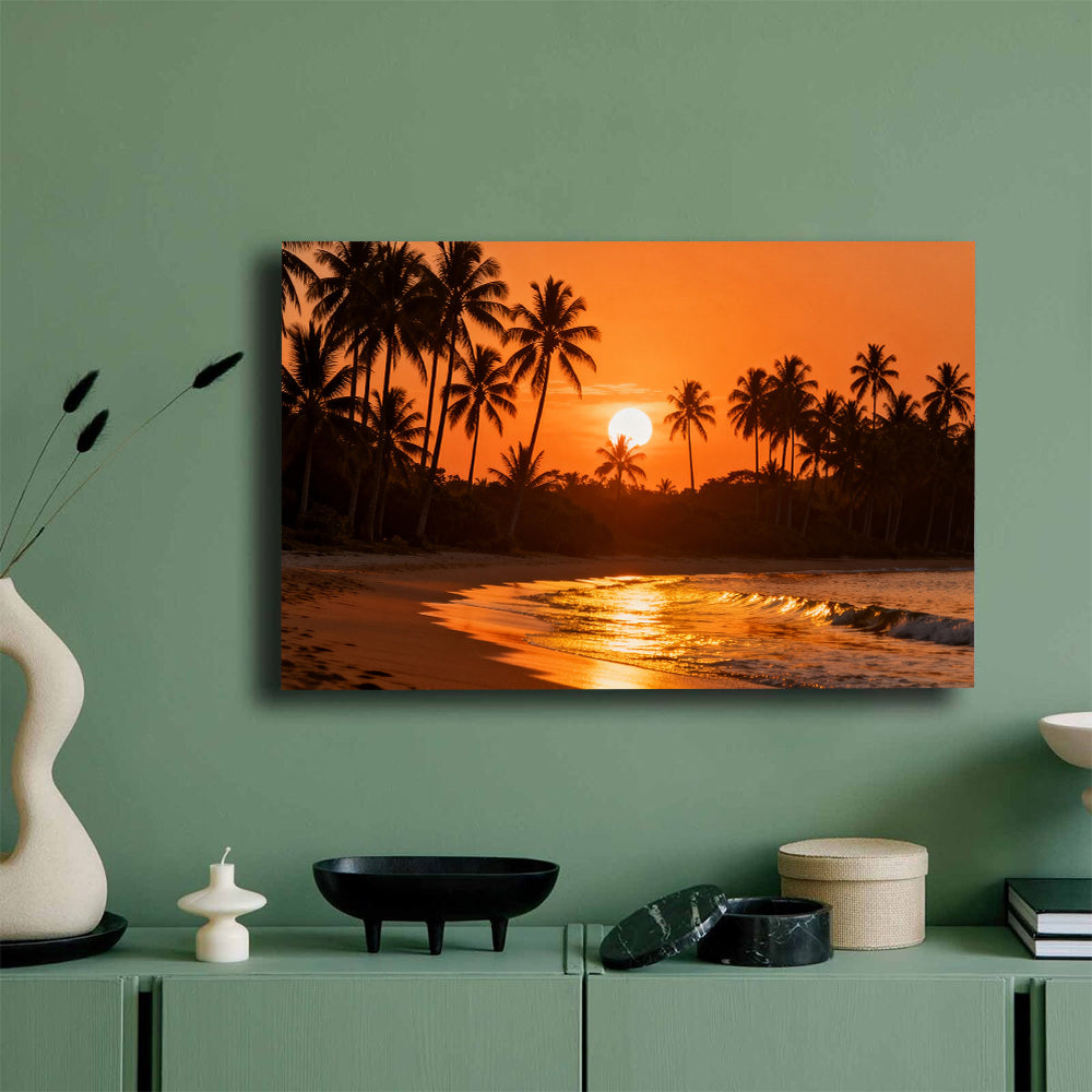 Amber Palm Cove canvas wall art, mockup on a green wall.