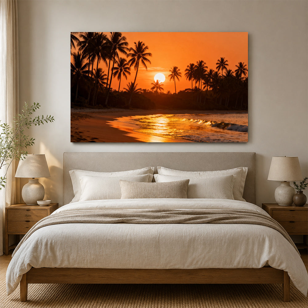 Amber Palm Cove canvas wall art, bedroom mockup above a bed.