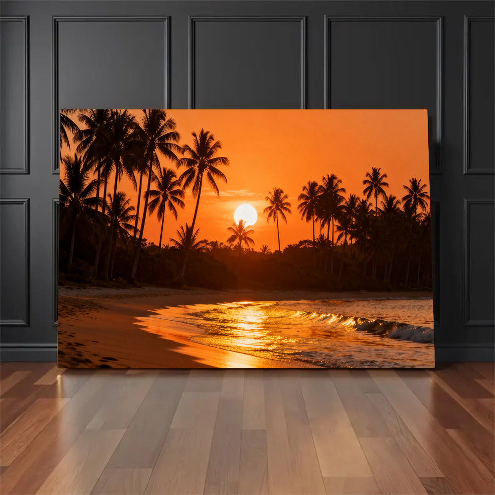 Amber Palm Cove canvas wall art, floor display against a dark wall.