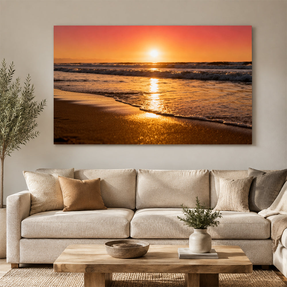 Golden Surf Reflection canvas wall art, living room mockup above a sofa.