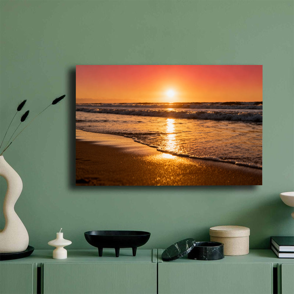 Golden Surf Reflection canvas wall art, mockup on a green wall.