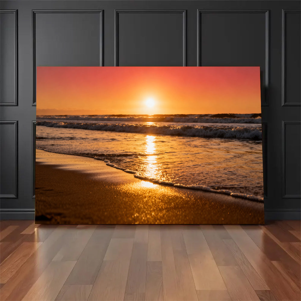 Golden Surf Reflection canvas wall art, floor display against a dark wall.