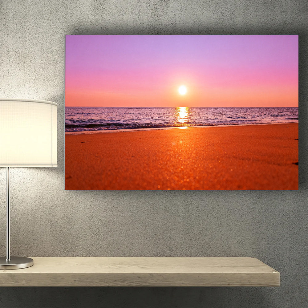Rose Gold Sea canvas wall art, wall mockup above a console.