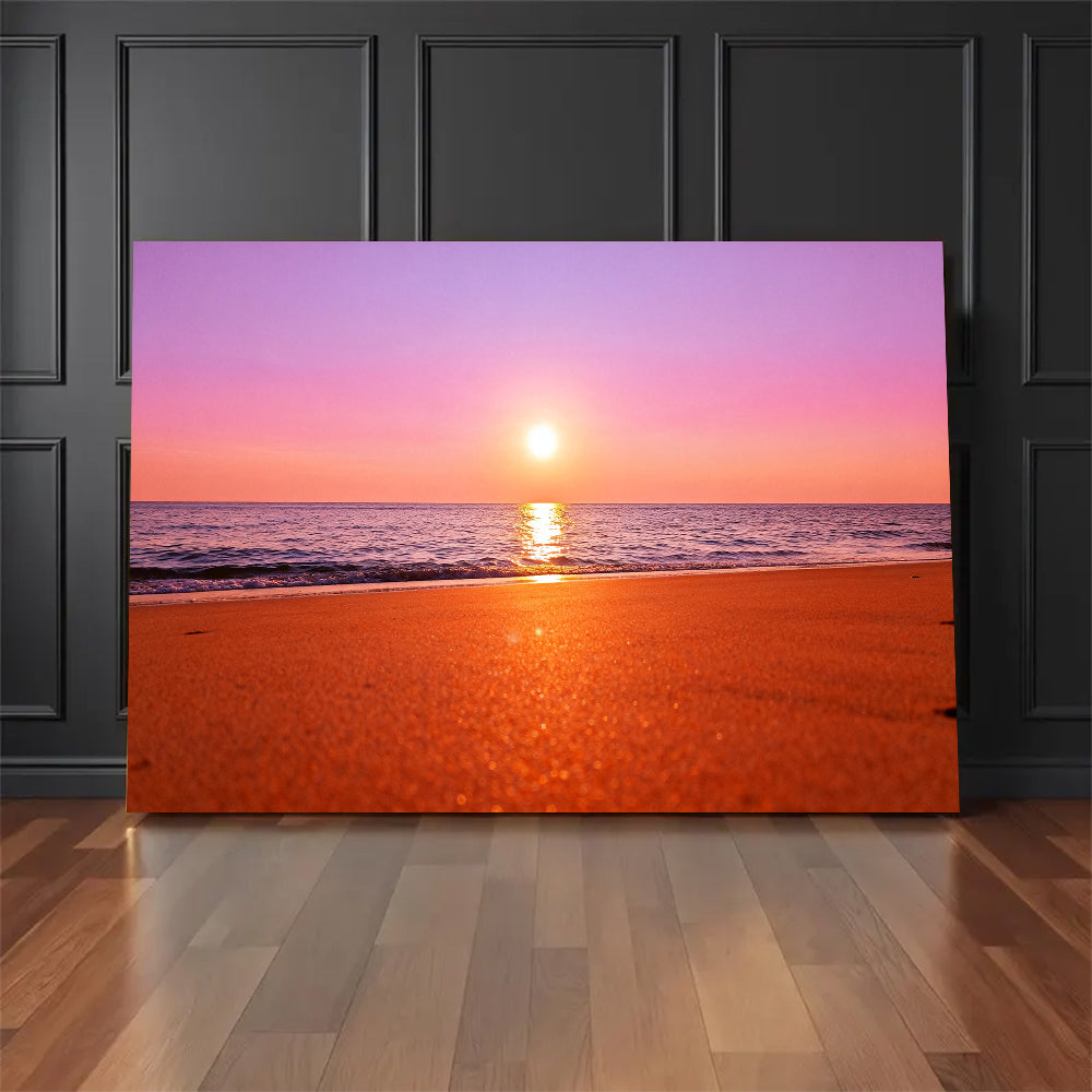 Rose Gold Sea canvas wall art, floor display against a dark wall.